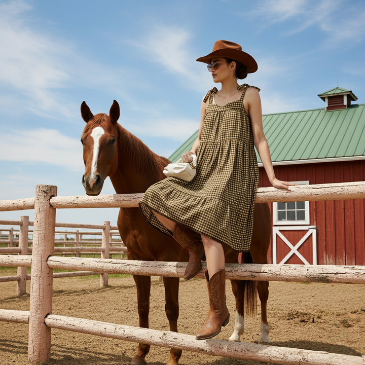 Brown Yellow Check Tiered Dress