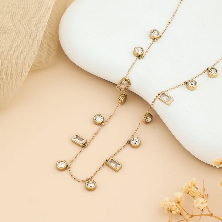 Square and round stone link chain necklace