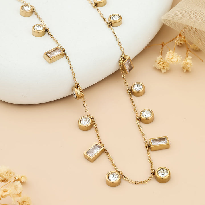 Square and round stone link chain necklace