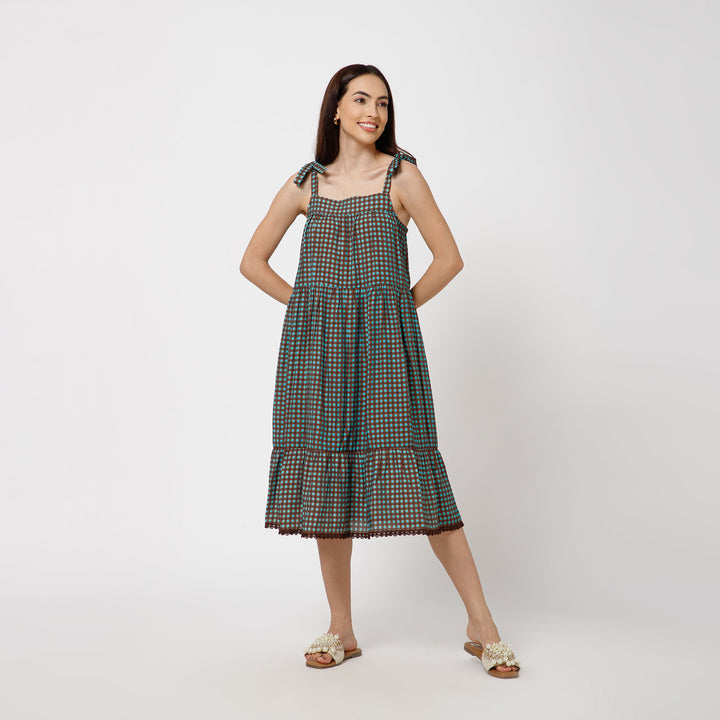 Brown Turqoise Check Tiered Dress