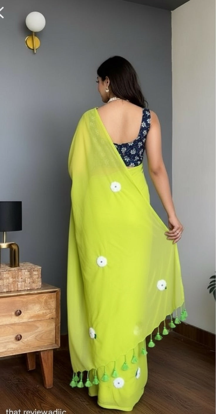 Parrot green cotton linen digital print Green Colour saree with heavy tassels