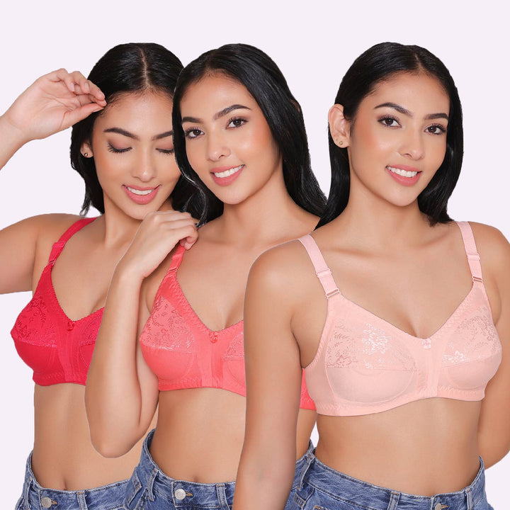 Half Net Non Padded Non Wired Full Coverage Bra (Pack of 3)-IRIS