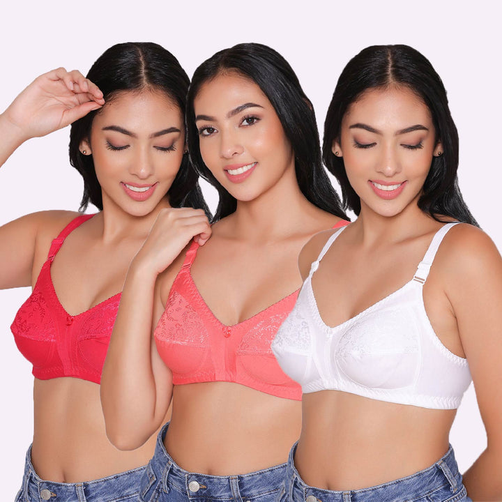 Half Net Non Padded Non Wired Full Coverage Bra (Pack of 3)-IRIS