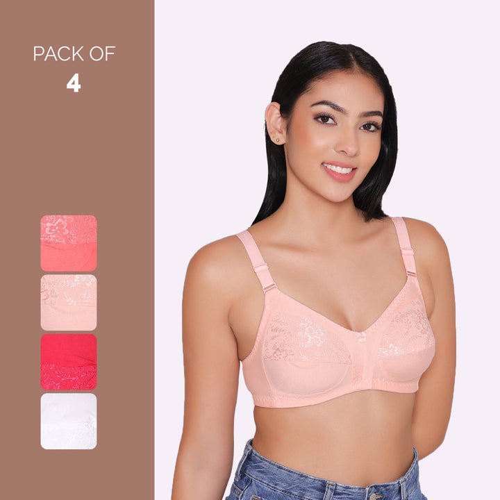Half Net Non Padded Non Wired Full Coverage Bra (Pack of 4)-IRIS