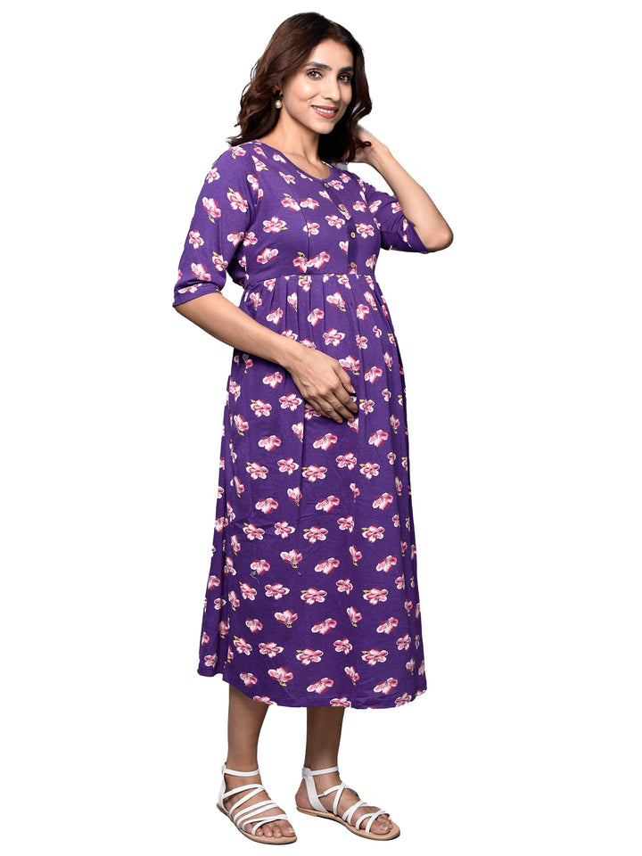 Organic Cotton Long Length Maternity Dress with 3/4th sleeves ISML016-Violet Sakura