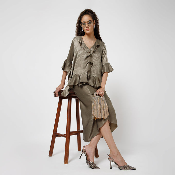 Olive Satin Asymetrical Frill Top
