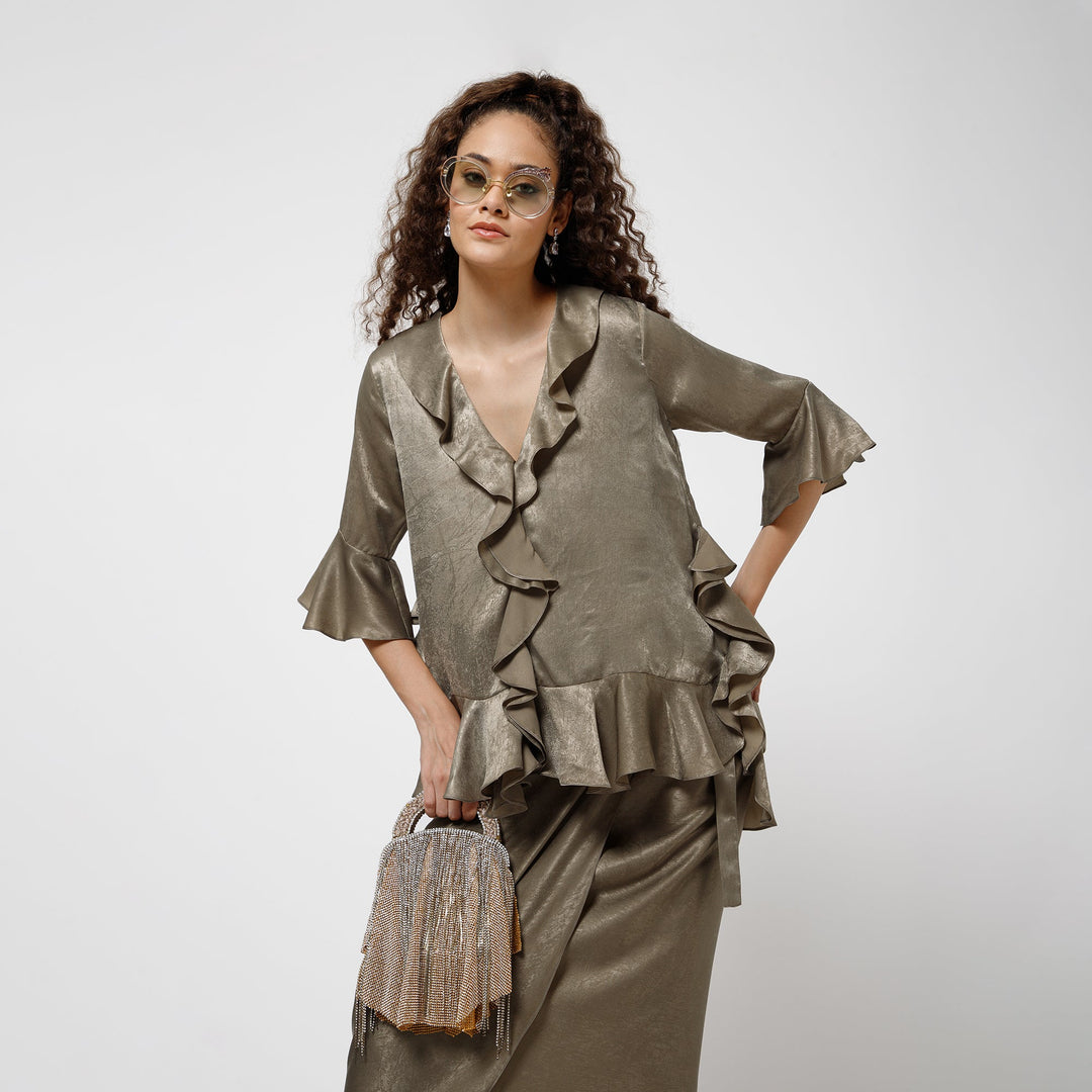 Olive Satin Asymetrical Frill Top