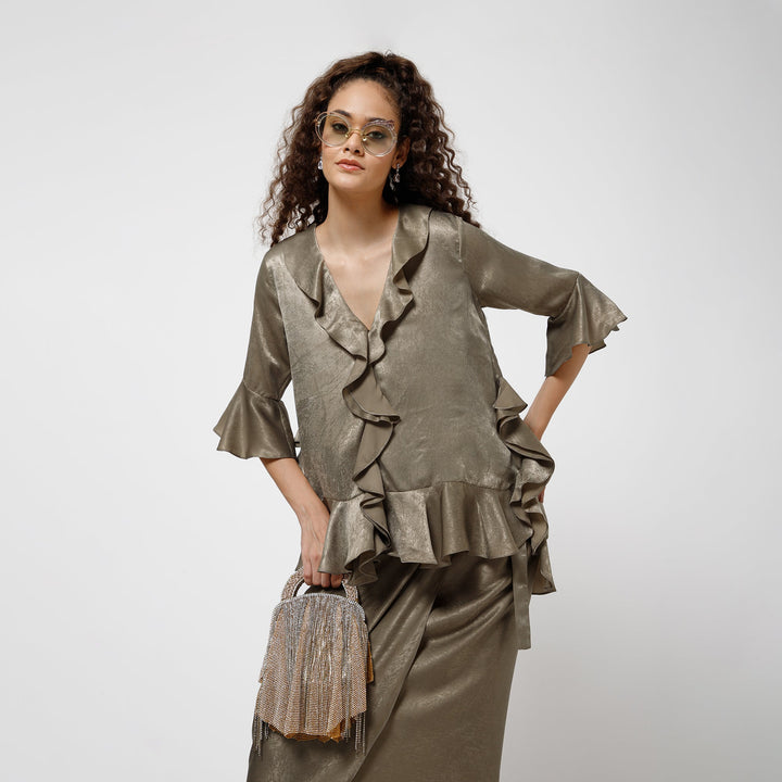Olive Satin Asymetrical Frill Top