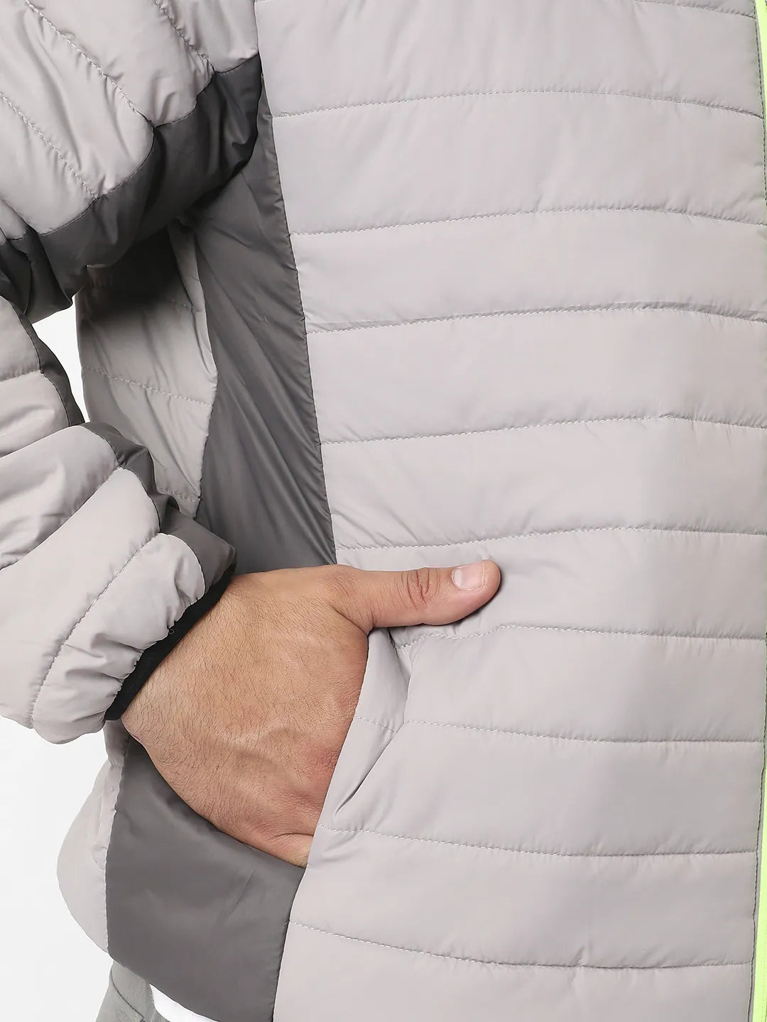 Light Grey Puffer Jacket With Contrast Zipper