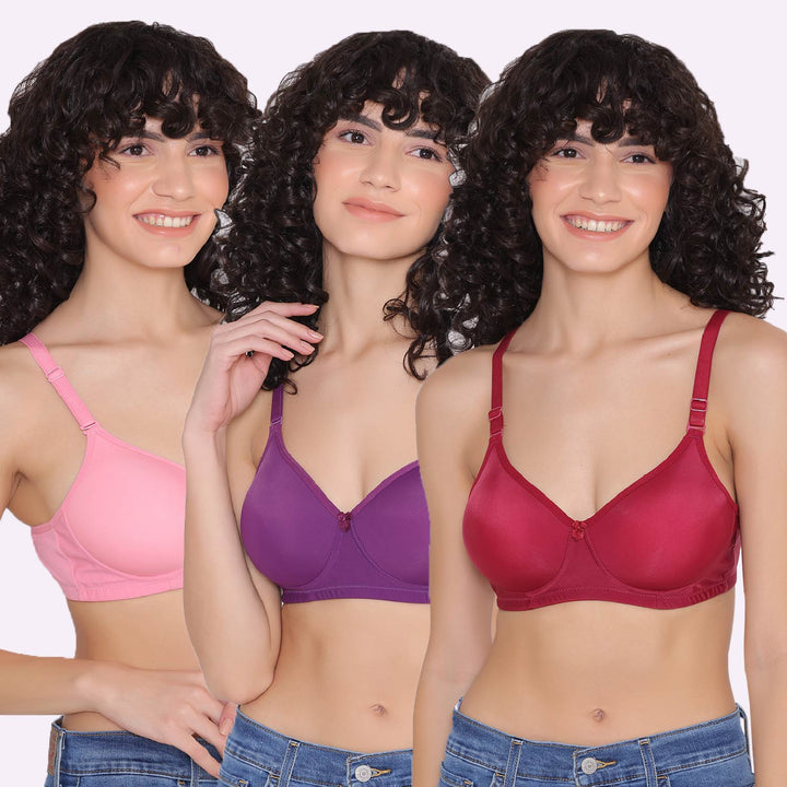 Women's Padded and Non Wired Full Coverage T-Shirt Bra (Pack of 3)-LILY