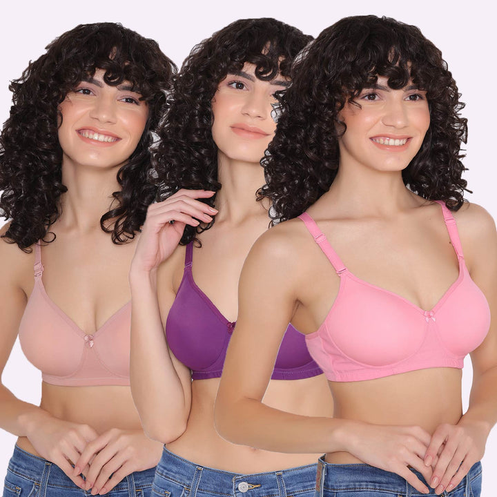 Women's Padded and Non Wired Full Coverage T-Shirt Bra (Pack of 3)-LILY
