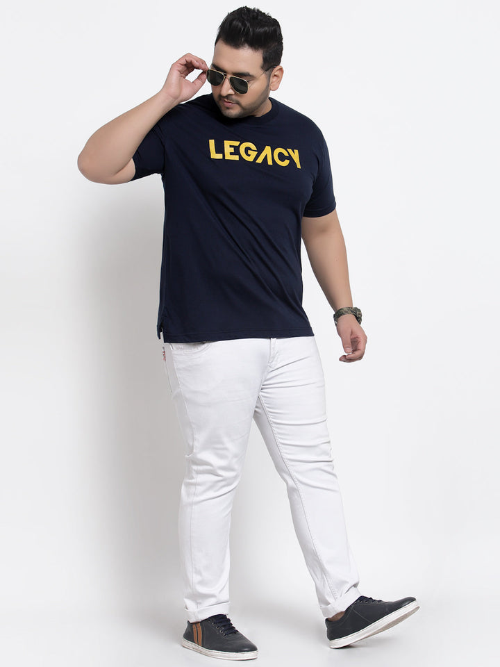 Plus Size Men  Navy Blue & Yellow Typography Printed Cotton T-shirt
