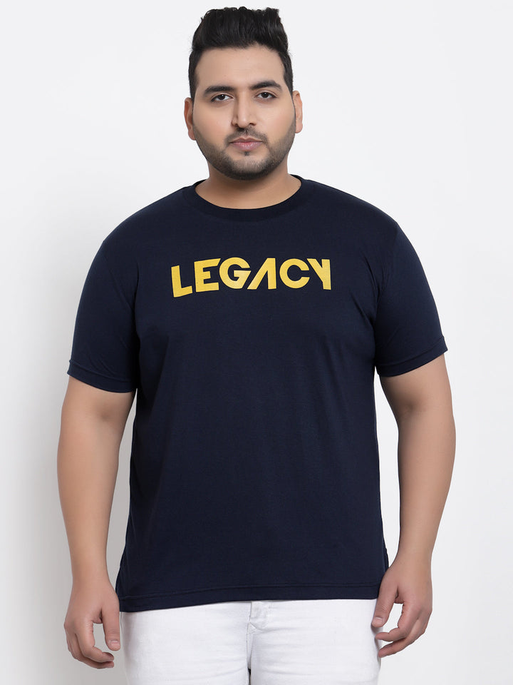Plus Size Men  Navy Blue & Yellow Typography Printed Cotton T-shirt