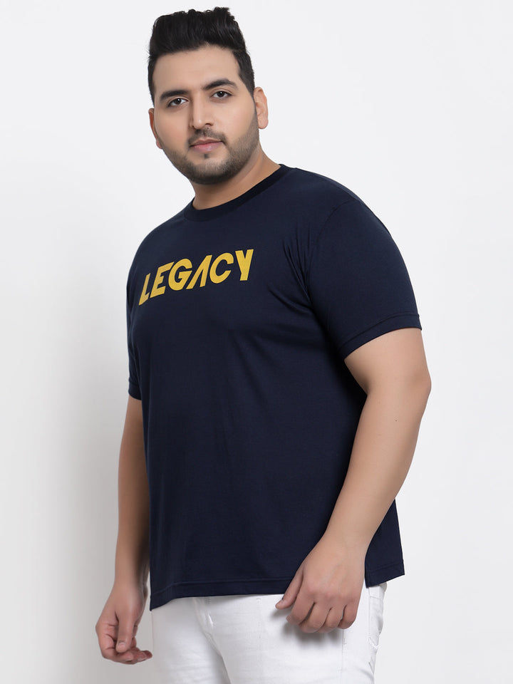 Plus Size Men  Navy Blue & Yellow Typography Printed Cotton T-shirt