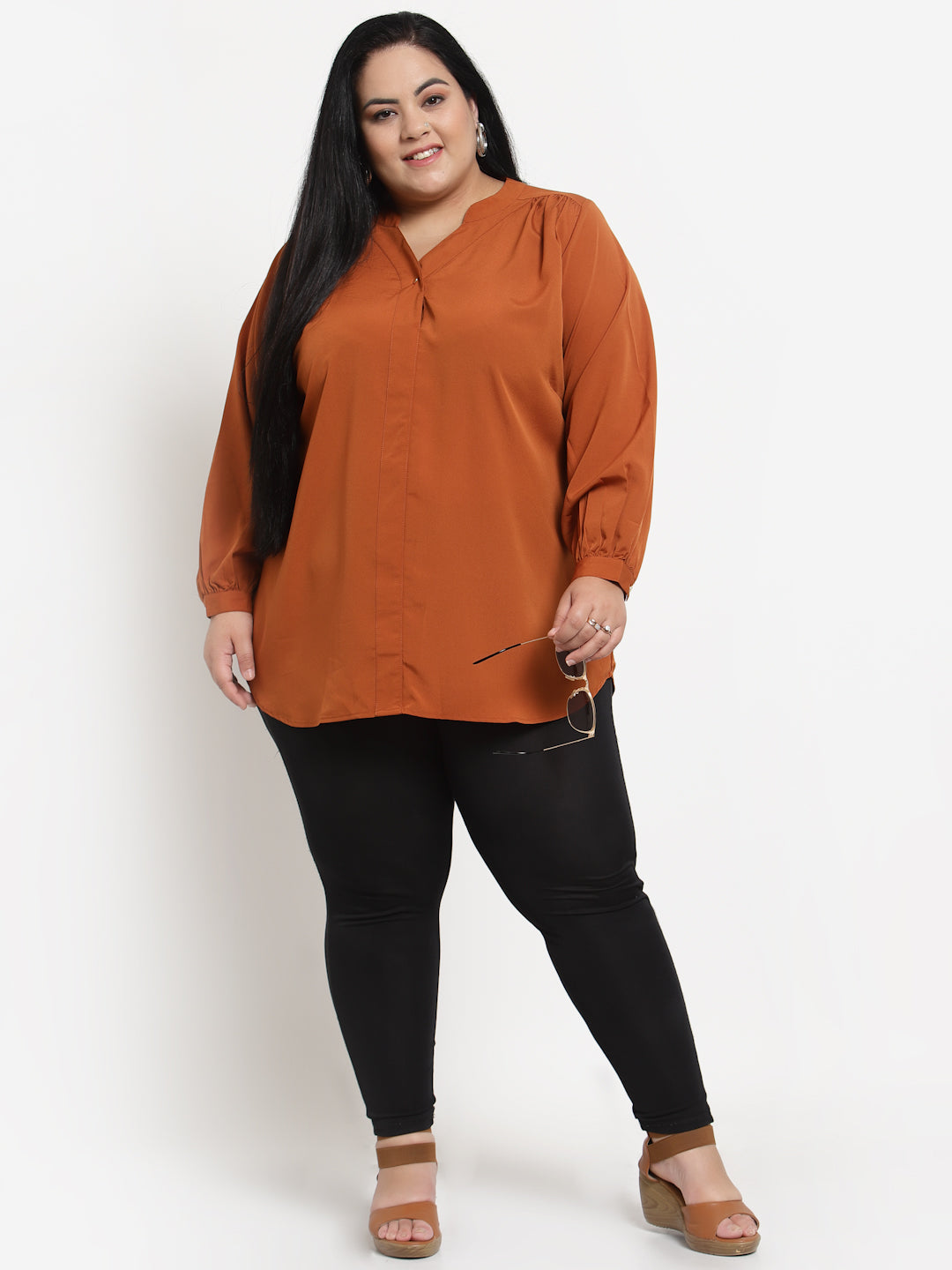 Plus Size  Brown Solid Top