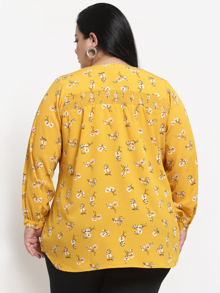 Plus Size  Mustard Yellow  White Floral Print Mandarin Collar Top