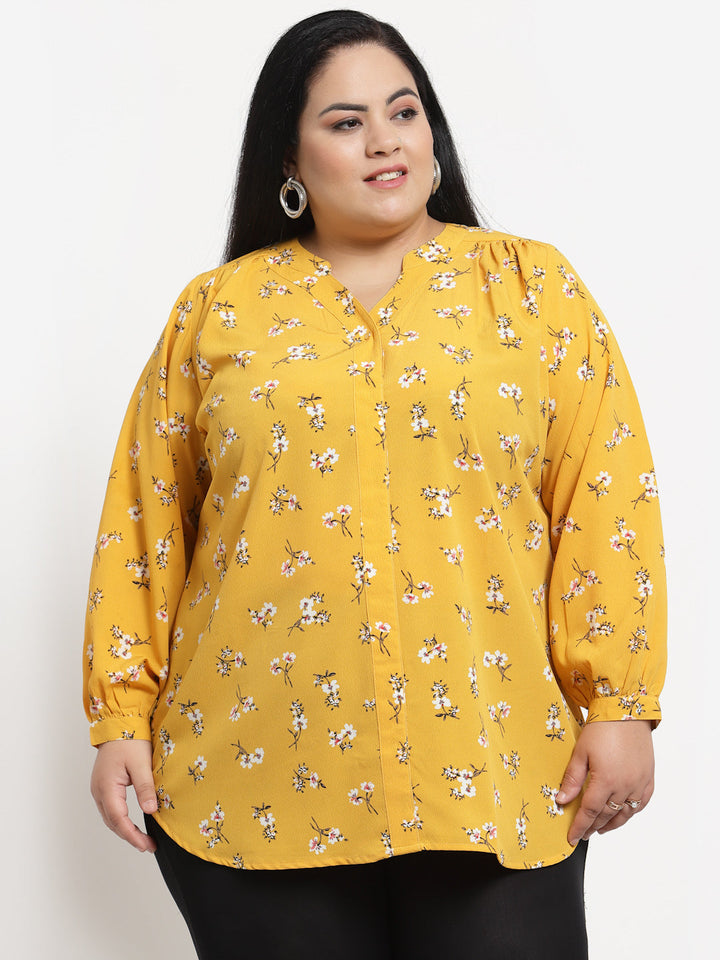 Plus Size  Mustard Yellow  White Floral Print Mandarin Collar Top
