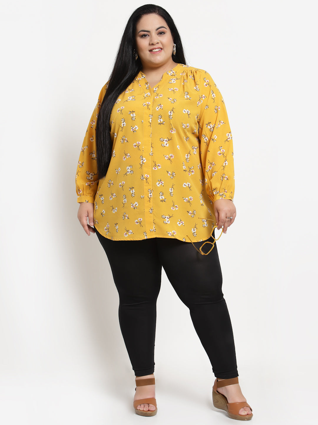 Plus Size  Mustard Yellow  White Floral Print Mandarin Collar Top