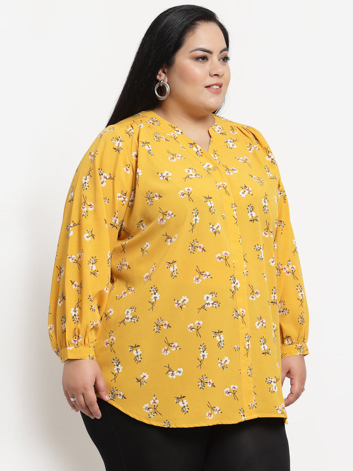 Plus Size  Mustard Yellow  White Floral Print Mandarin Collar Top
