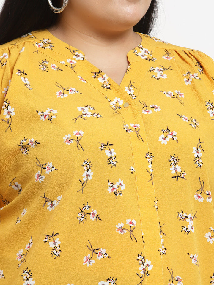 Plus Size  Mustard Yellow  White Floral Print Mandarin Collar Top