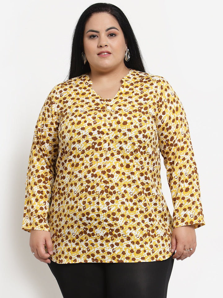 Plus Size Women  Yellow  Brown Abstract Printed Top