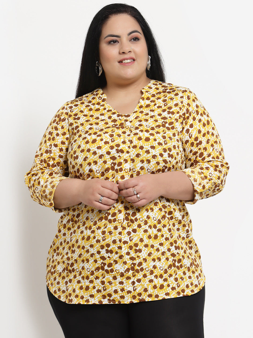 Plus Size Women  Yellow  Brown Abstract Printed Top