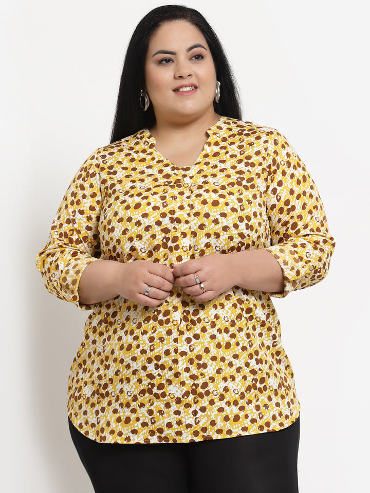 Plus Size Women  Yellow  Brown Abstract Printed Top