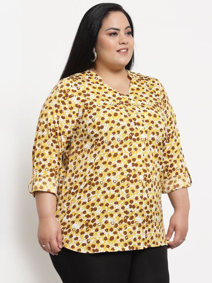Plus Size Women  Yellow  Brown Abstract Printed Top