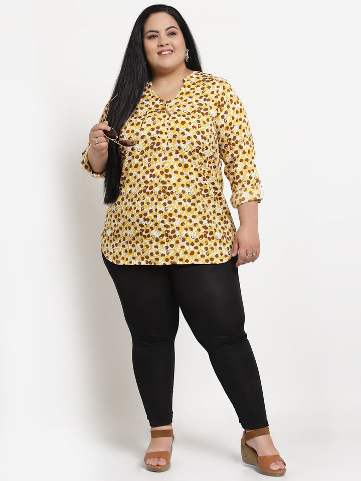 Plus Size Women  Yellow  Brown Abstract Printed Top
