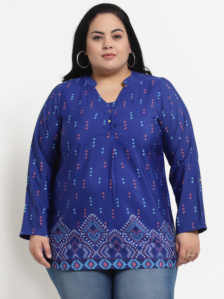 Plus Size Women  Blue Geometric Printed Top