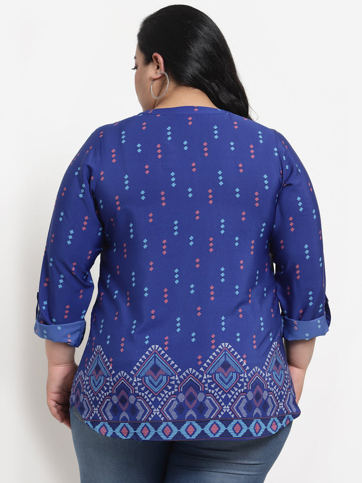 Plus Size Women  Blue Geometric Printed Top