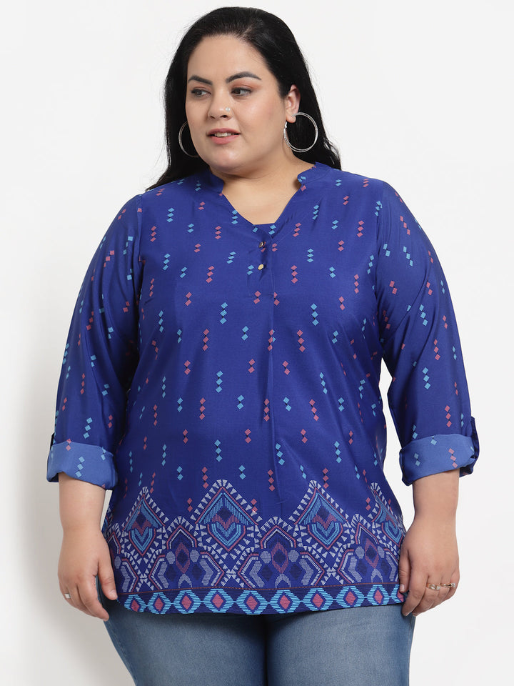 Plus Size Women  Blue Geometric Printed Top