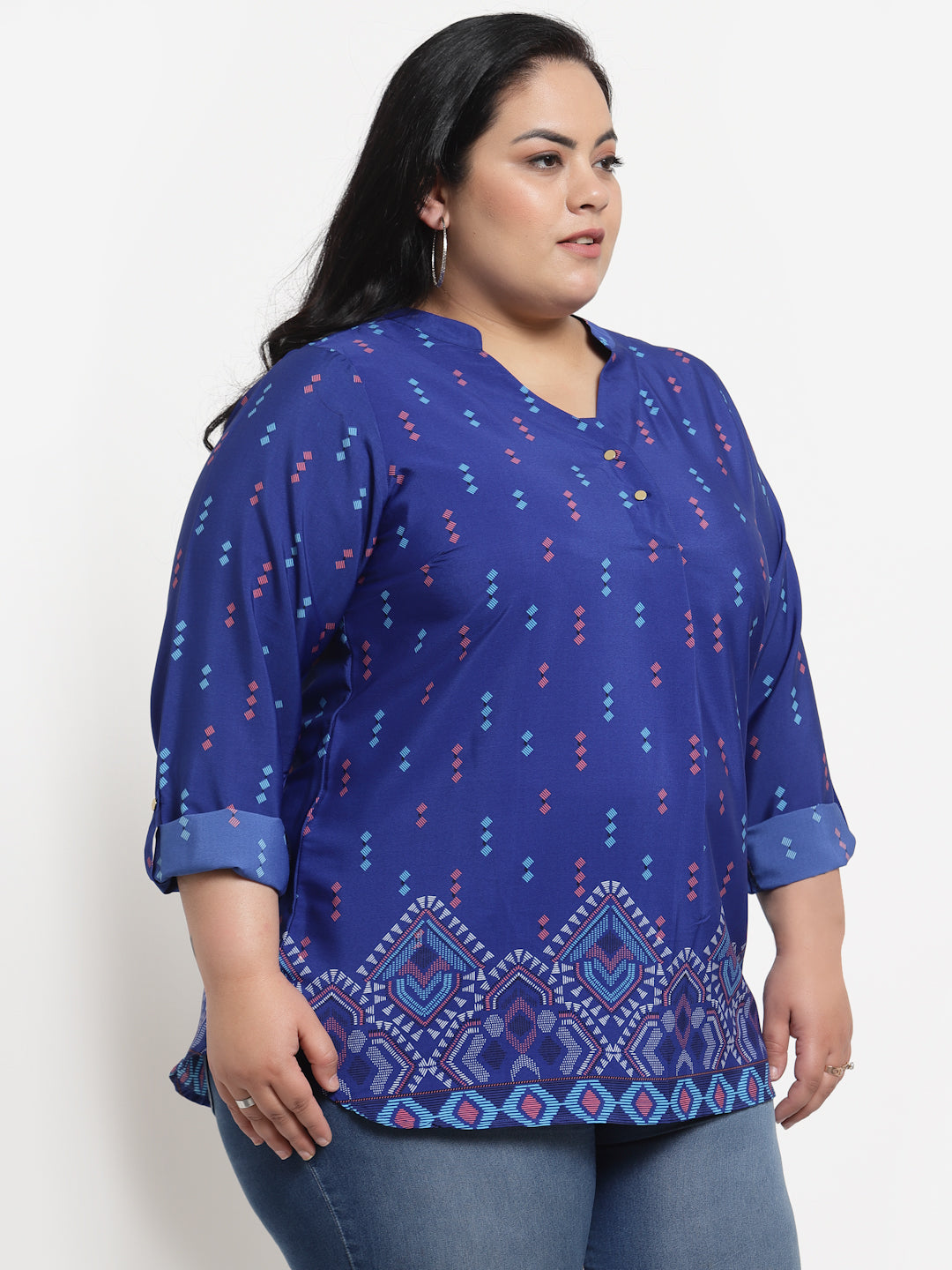 Plus Size Women  Blue Geometric Printed Top