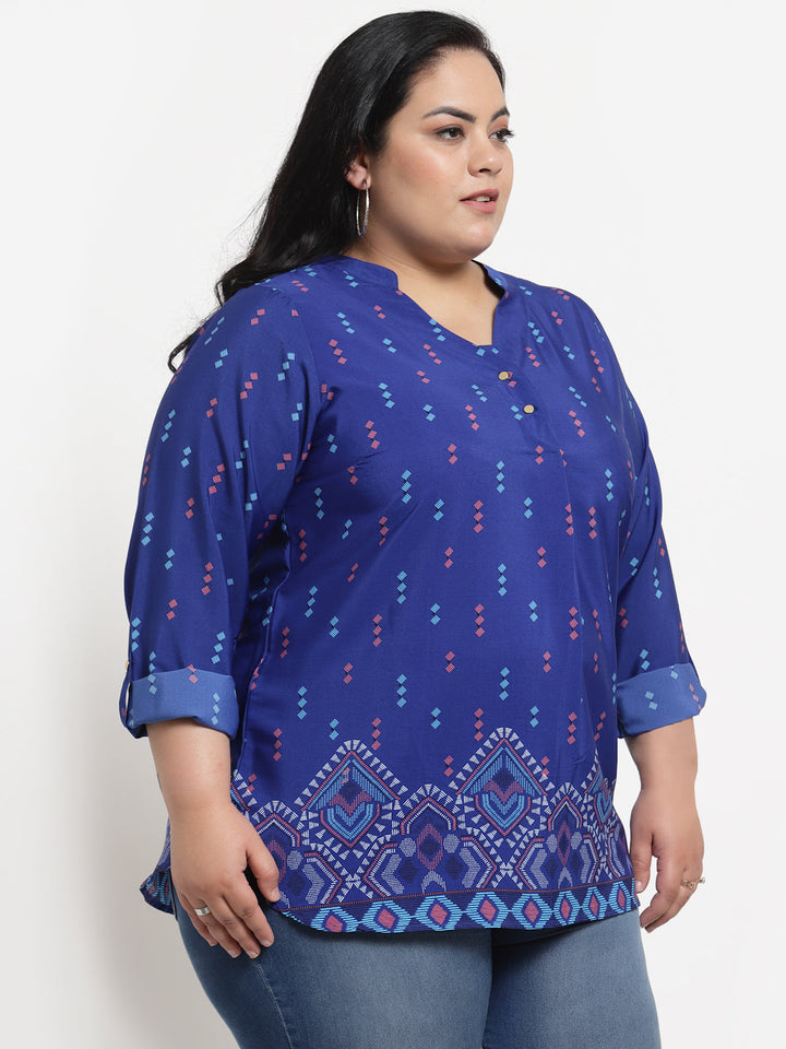 Plus Size Women  Blue Geometric Printed Top