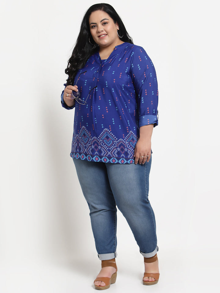 Plus Size Women  Blue Geometric Printed Top
