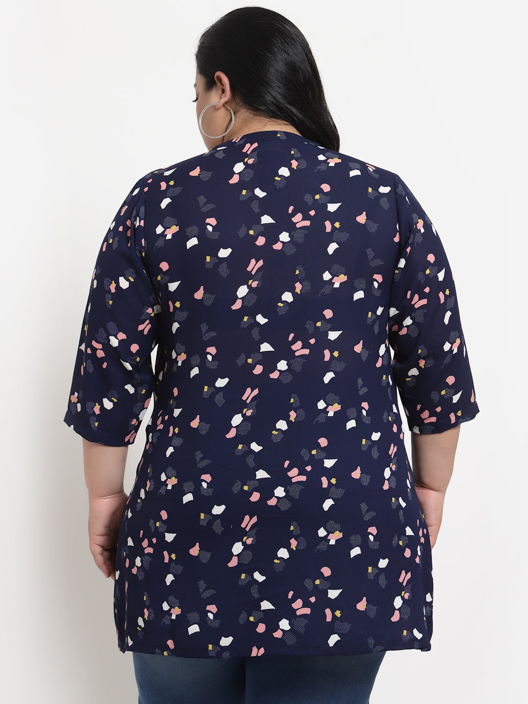 Plus Size  Women Navy Blue  Pink Mandarin Collar Printed Tunic