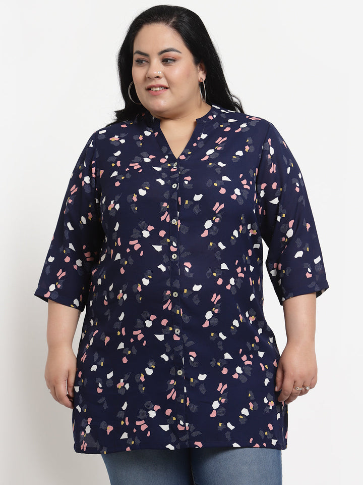 Plus Size  Women Navy Blue  Pink Mandarin Collar Printed Tunic