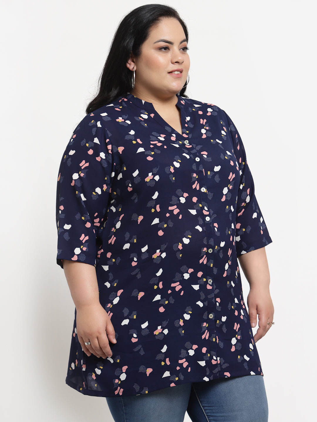 Plus Size  Women Navy Blue  Pink Mandarin Collar Printed Tunic