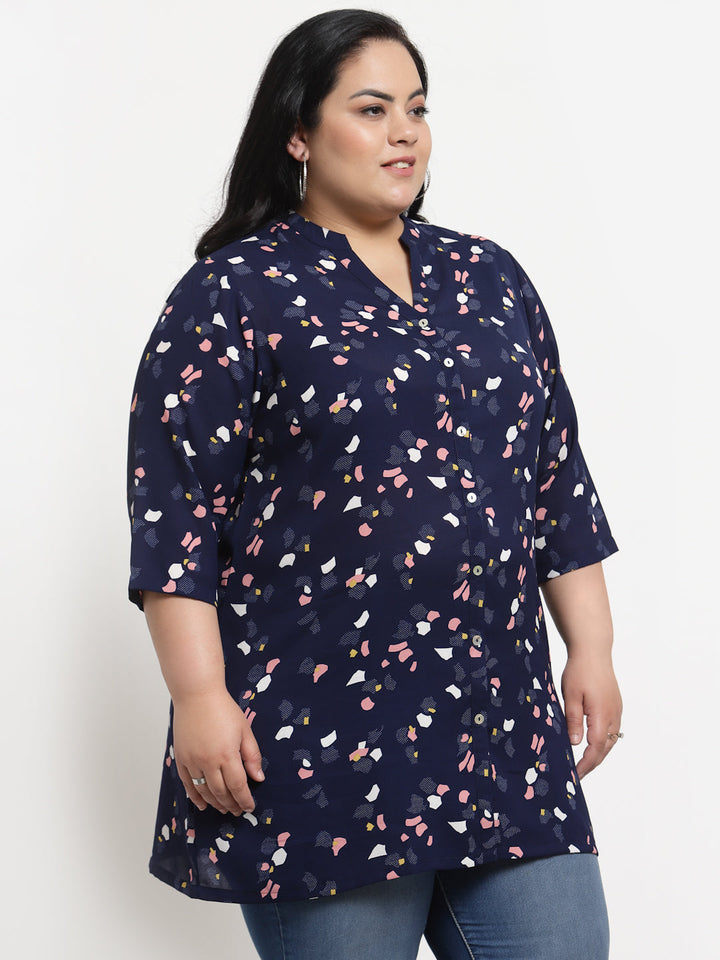 Plus Size  Women Navy Blue  Pink Mandarin Collar Printed Tunic