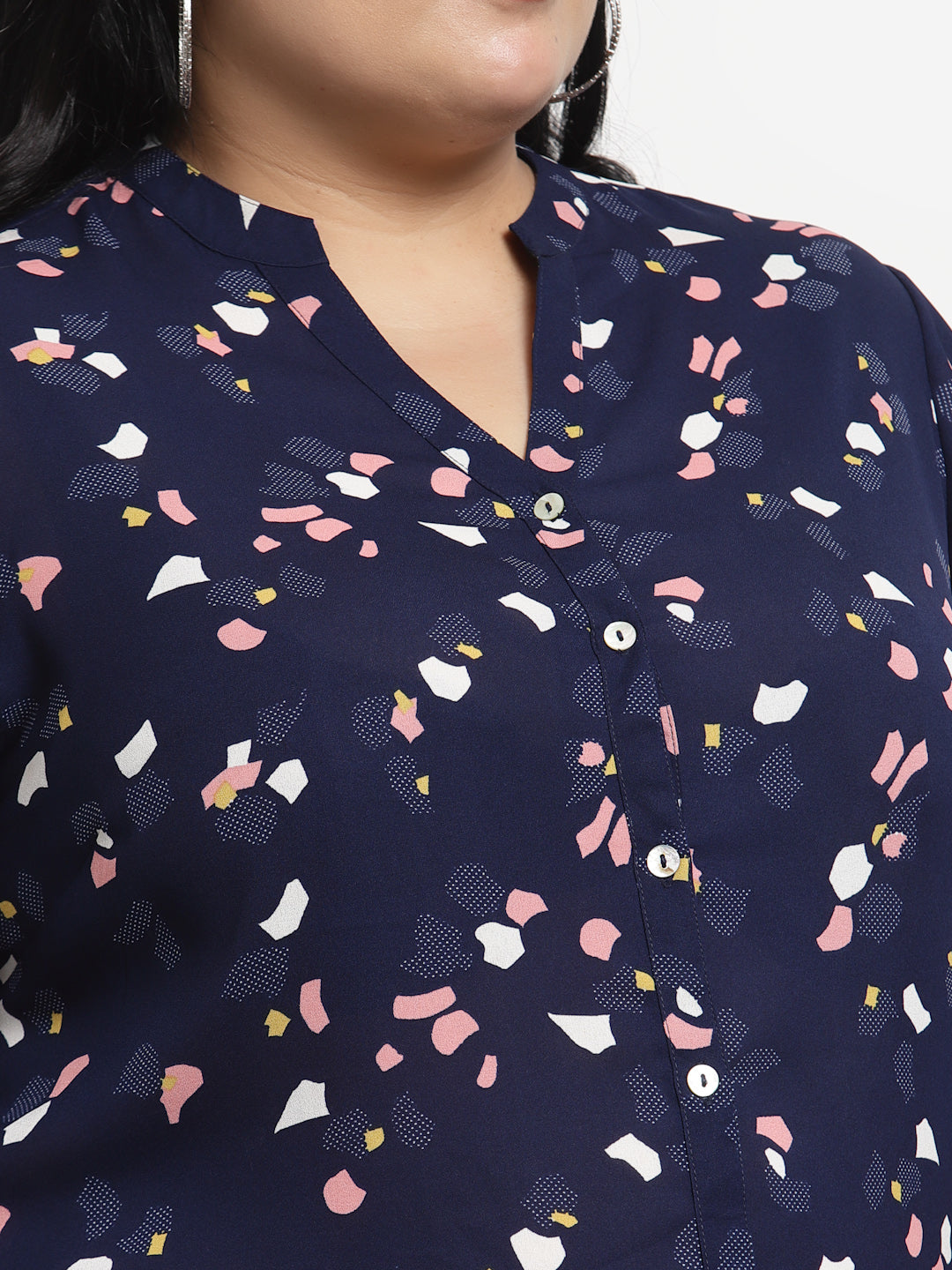 Plus Size  Women Navy Blue  Pink Mandarin Collar Printed Tunic