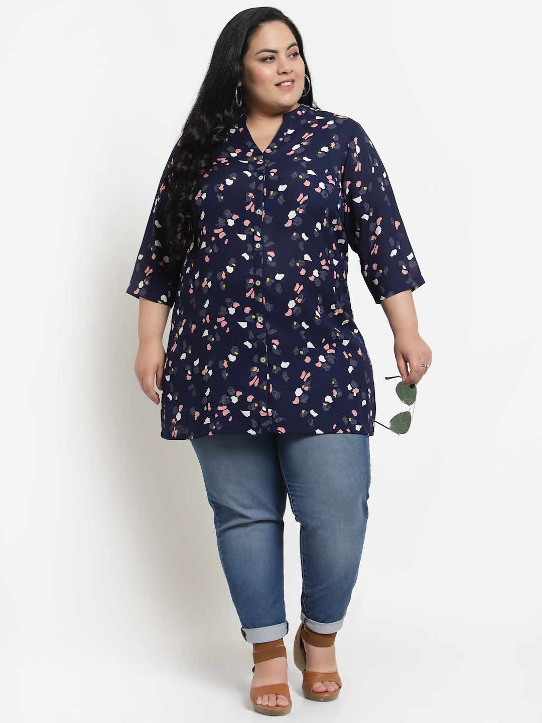 Plus Size  Women Navy Blue  Pink Mandarin Collar Printed Tunic