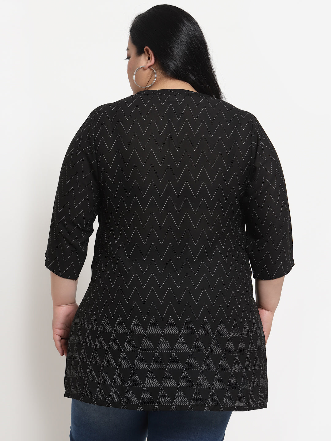 Plus Size Black  White Mandarin Collar Striped Tunic