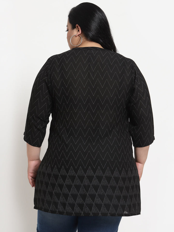 Plus Size Black  White Mandarin Collar Striped Tunic
