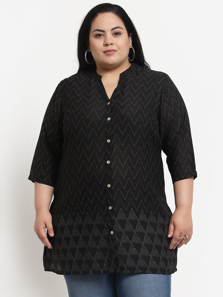 Plus Size Black  White Mandarin Collar Striped Tunic