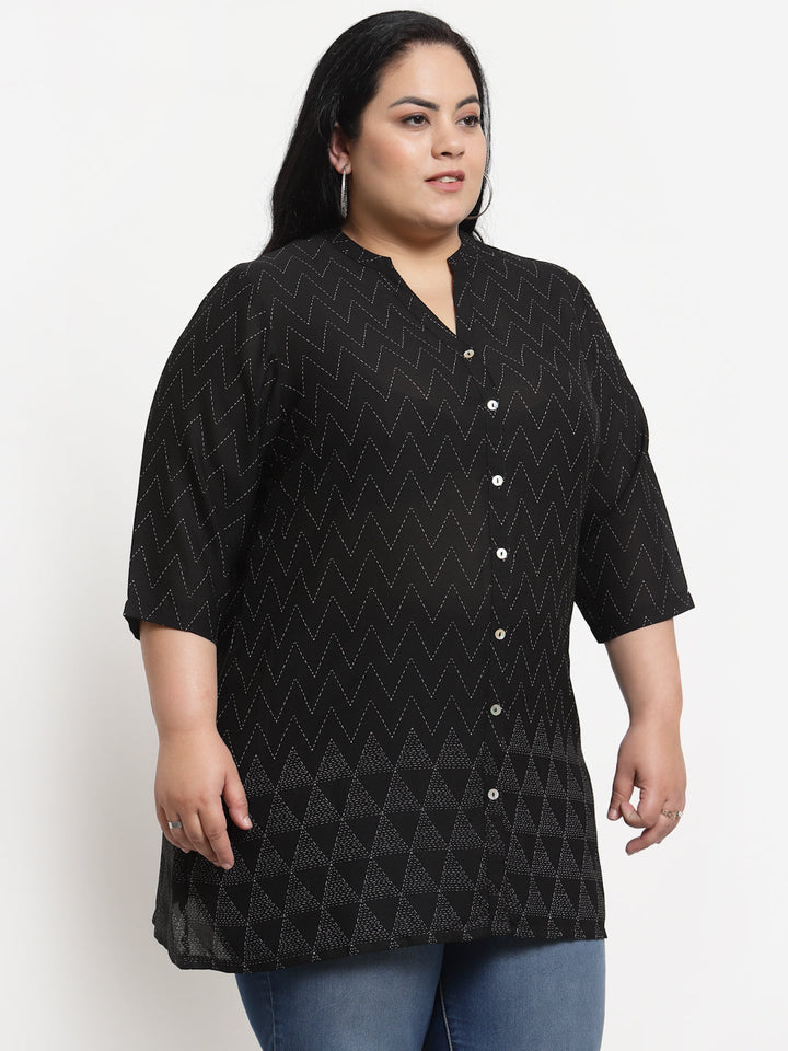 Plus Size Black  White Mandarin Collar Striped Tunic