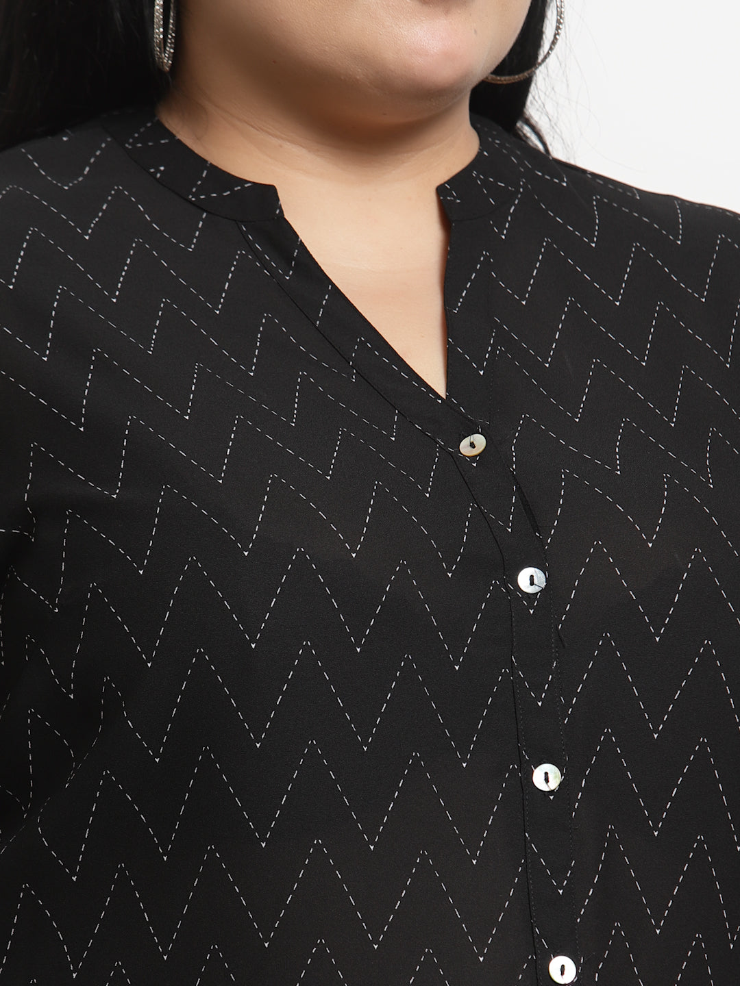 Plus Size Black  White Mandarin Collar Striped Tunic
