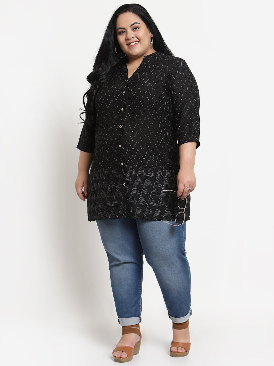 Plus Size Black  White Mandarin Collar Striped Tunic