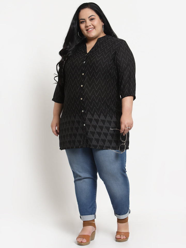 Plus Size Black  White Mandarin Collar Striped Tunic
