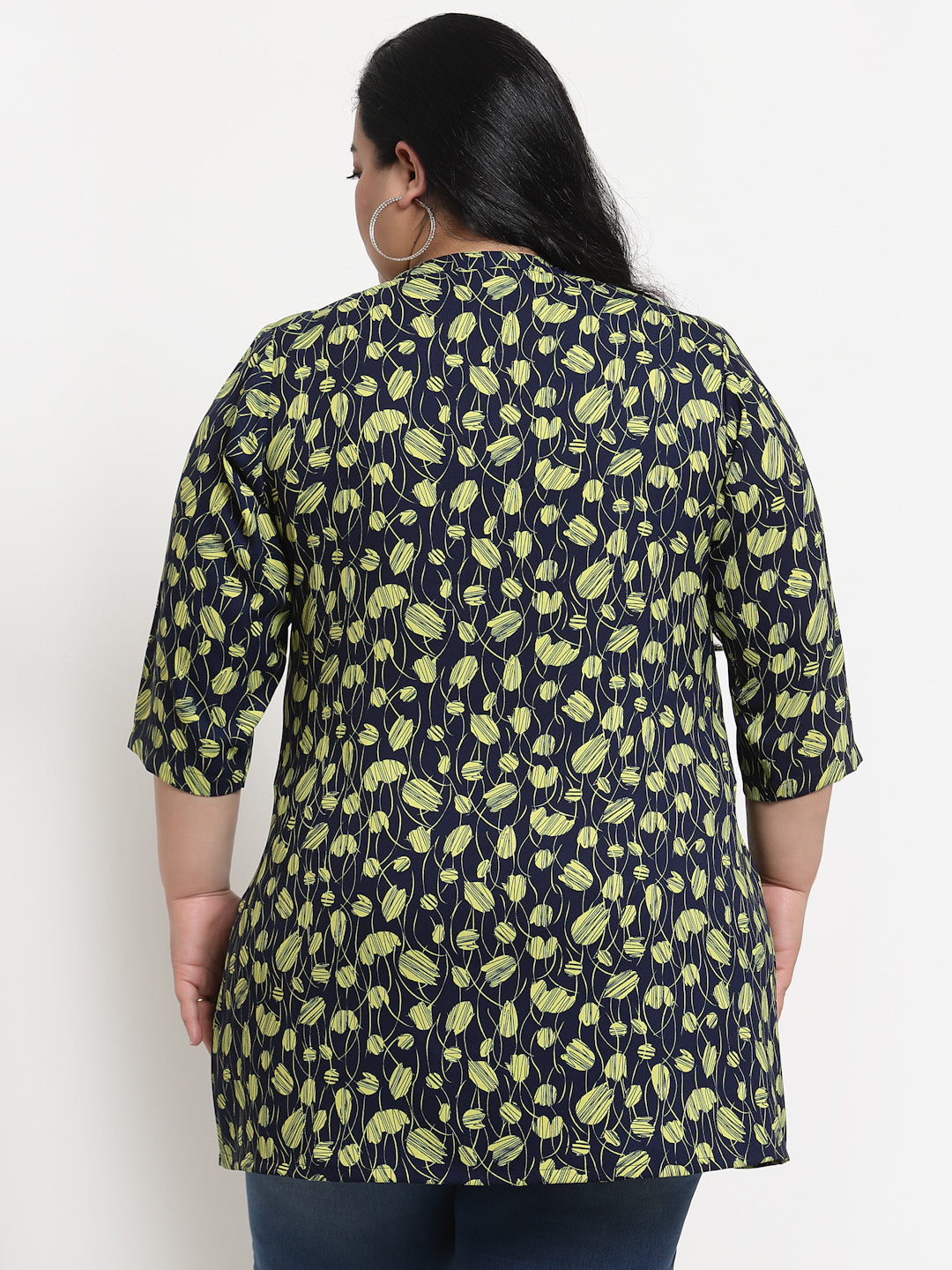 Plus Size   Navy Blue  Black Mandarin Collar Printed Tunic