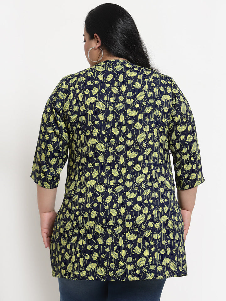 Plus Size   Navy Blue  Black Mandarin Collar Printed Tunic